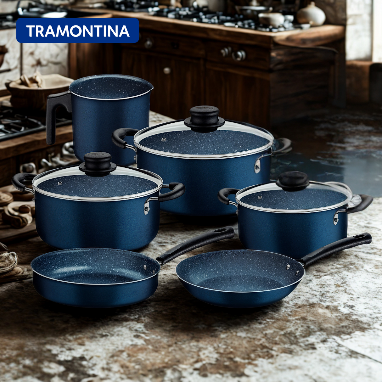 طقم أواني طهي ترامونتينا من الألومنيوم الأزرق، 9 قطع، مع طلاء ستارفلون ماكس غير اللاصق الداخلي والخارجي