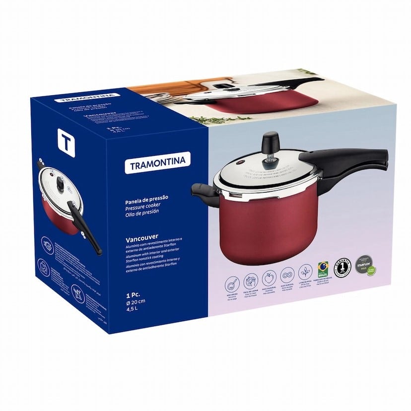 Tramontina Vancouver 20cm 4.5L Red Aluminum Pressure Cooker with Interior and Exterior Starflon Max PFOA Free Nonstick Coating