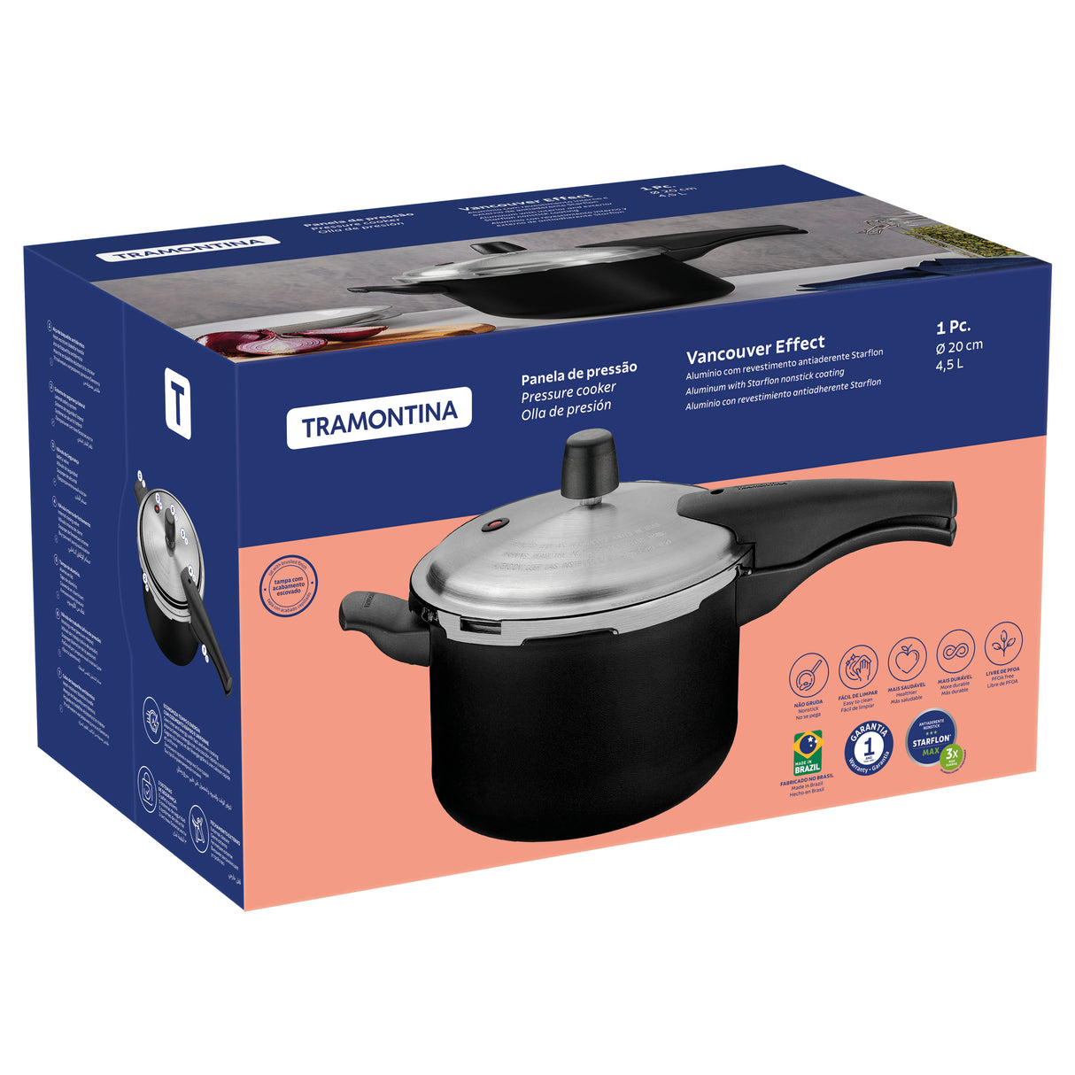 Tramontina Vancouver Effect Black Aluminum Pressure Cooker with Interior and Exterior Starflon Max Nonstick Coating, 20 cm, 4.5 L 20591420