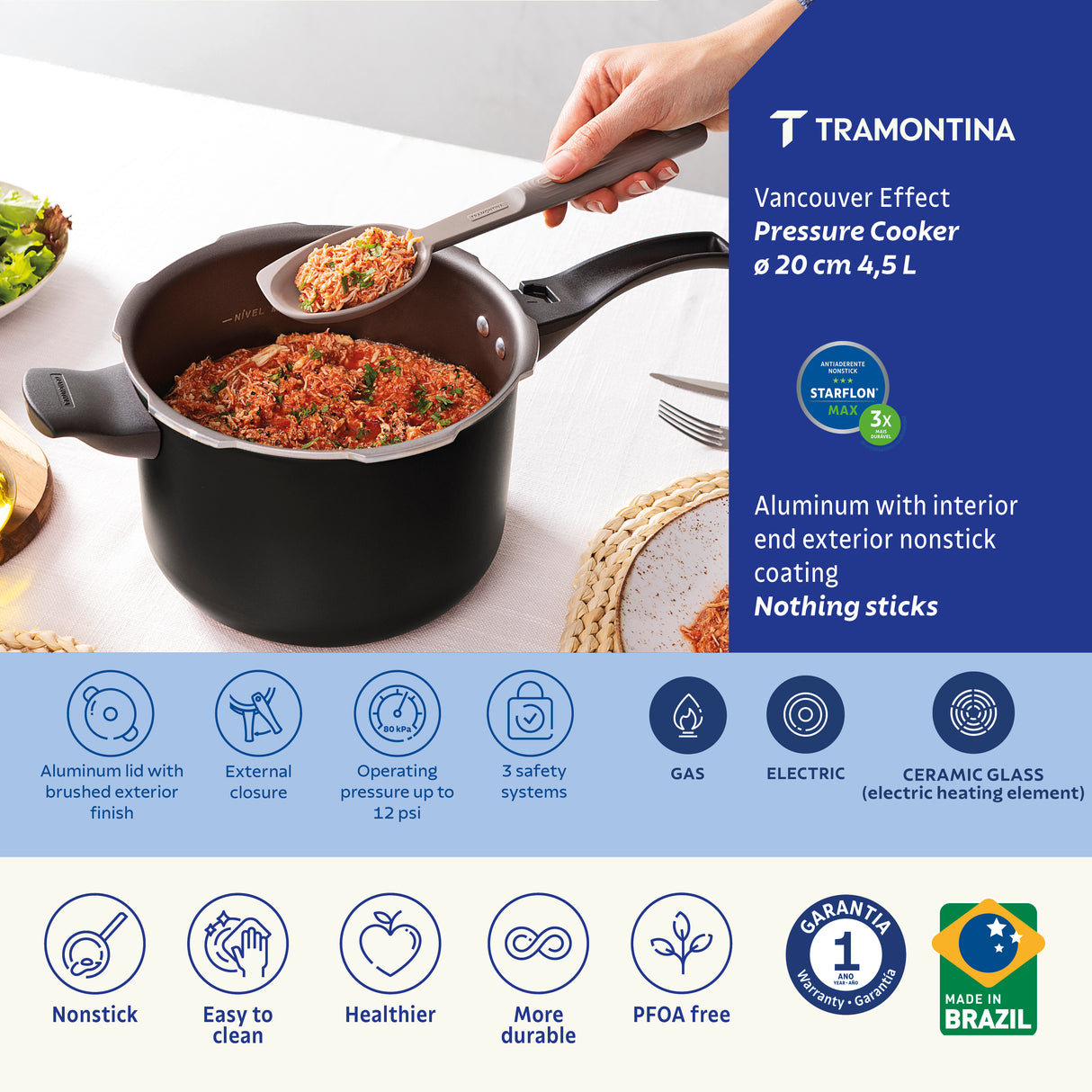 Tramontina Vancouver Effect Black Aluminum Pressure Cooker with Interior and Exterior Starflon Max Nonstick Coating, 20 cm, 4.5 L 20591420