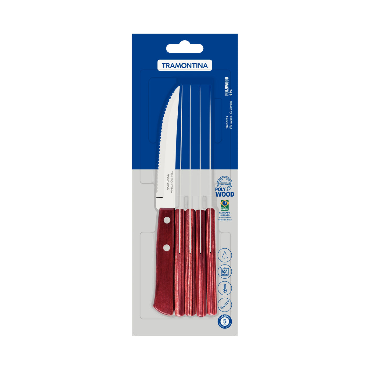 Tramontina Polywood 6 Pieces Steak Knife Set with Stainless Steel Blade and Red Dishwasher Safe Treated Handle