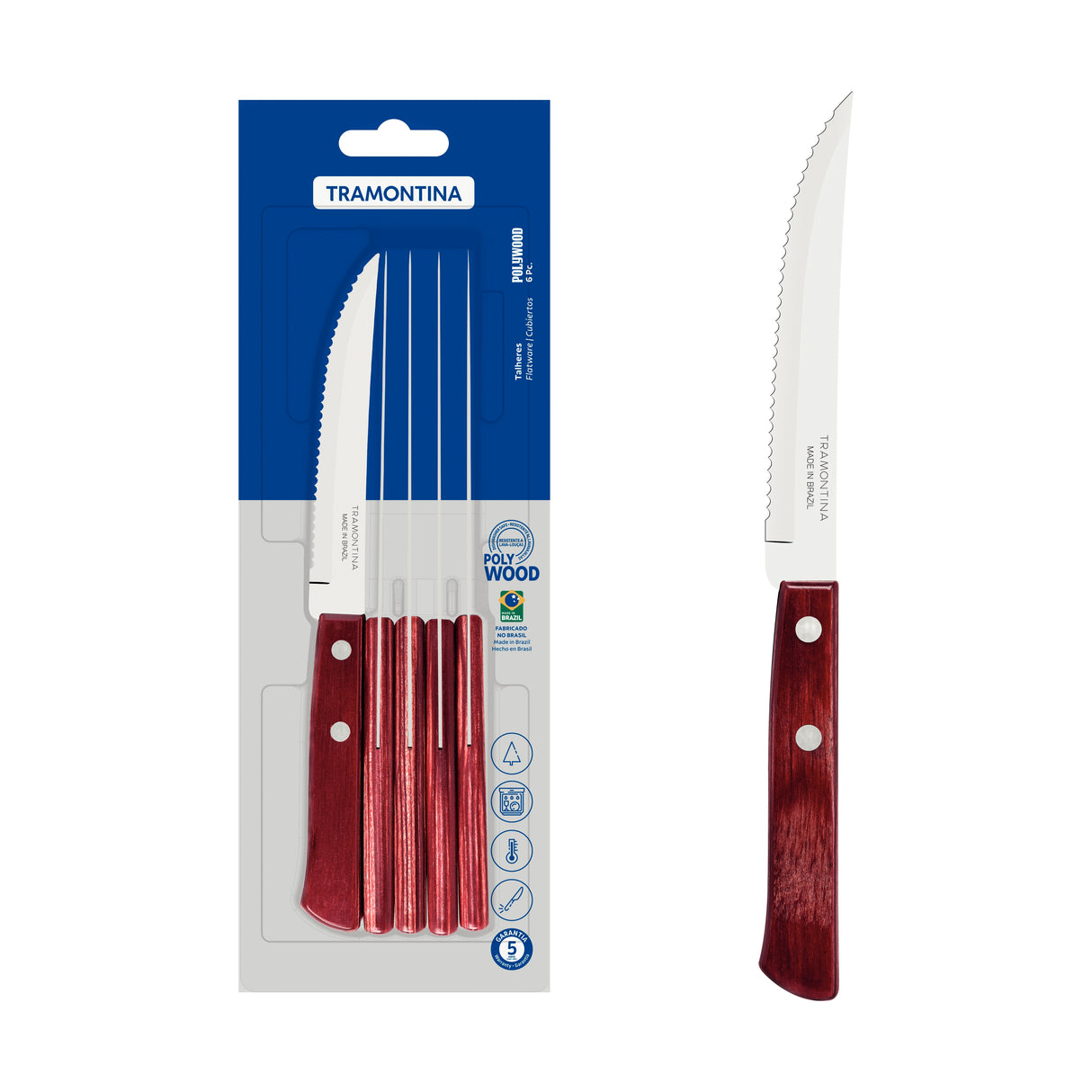 Tramontina Polywood 6 Pieces Steak Knife Set with Stainless Steel Blade and Red Dishwasher Safe Treated Handle