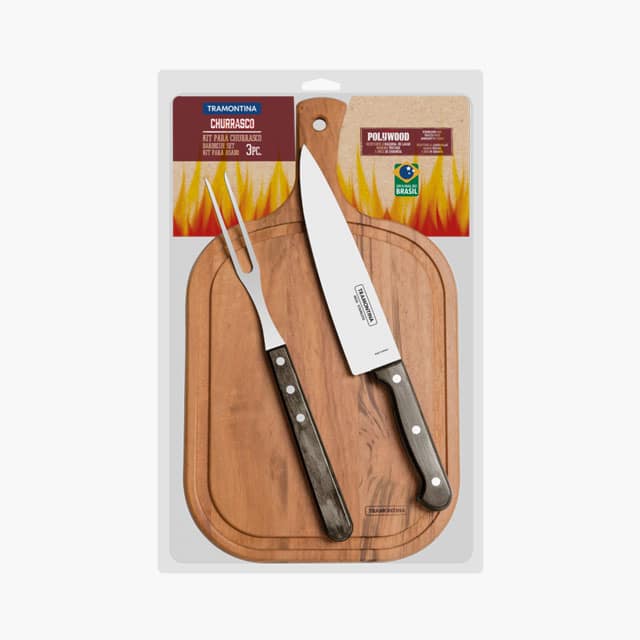 Tramontina Churrasco 3-Pieces Barbecue Carving Set with Stainless Steel Blades and Treated Brown Polywood Handles and Wood Cutting Board