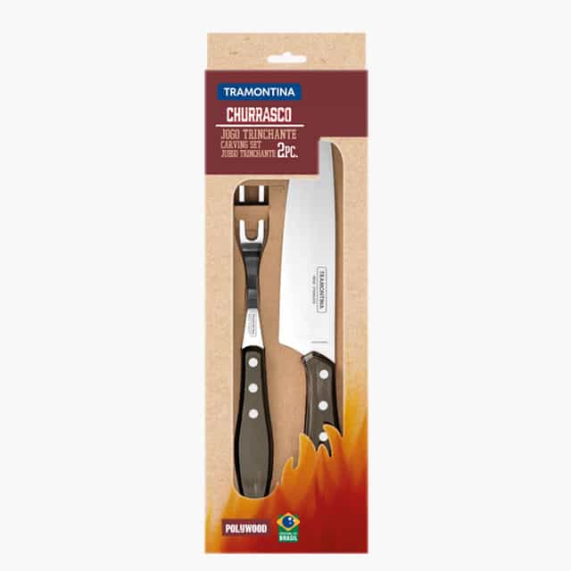 Tramontina stainless steel carving set with brown Polywood handles, 2pc set