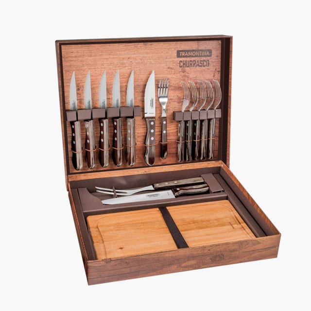 Tramontina Churrasco 15-Pieces Barbecue Set with Stainless Steel Blades and Treated Brown Polywood Handles with Cardboard Box