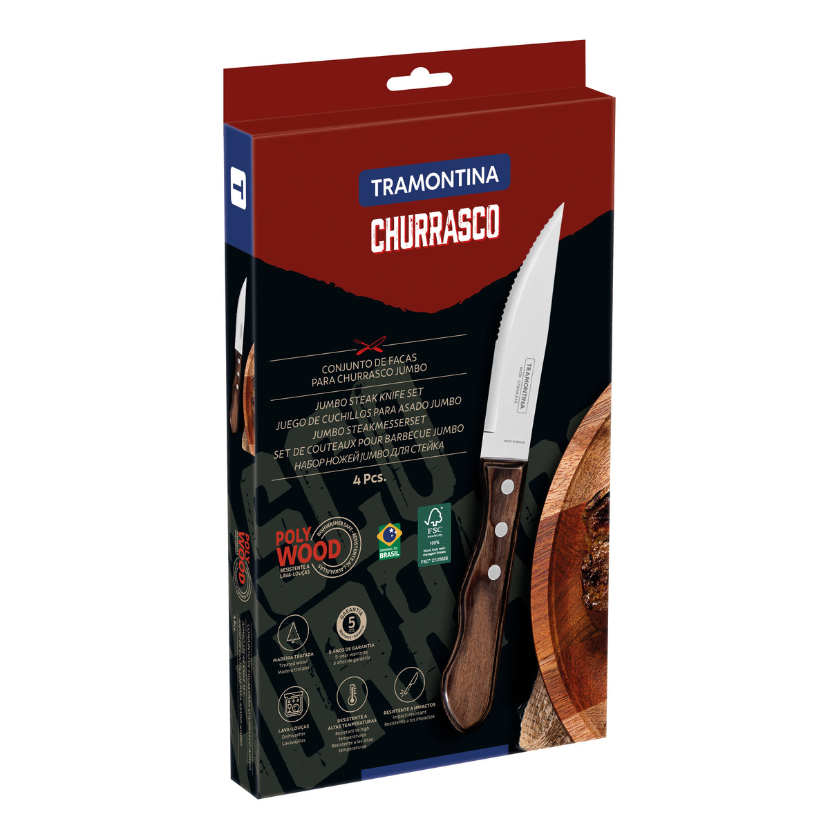Tramontina 4-Piece Jumbo Steak Kinife Set Stainless-Steel and Treated Brown Polywood handles