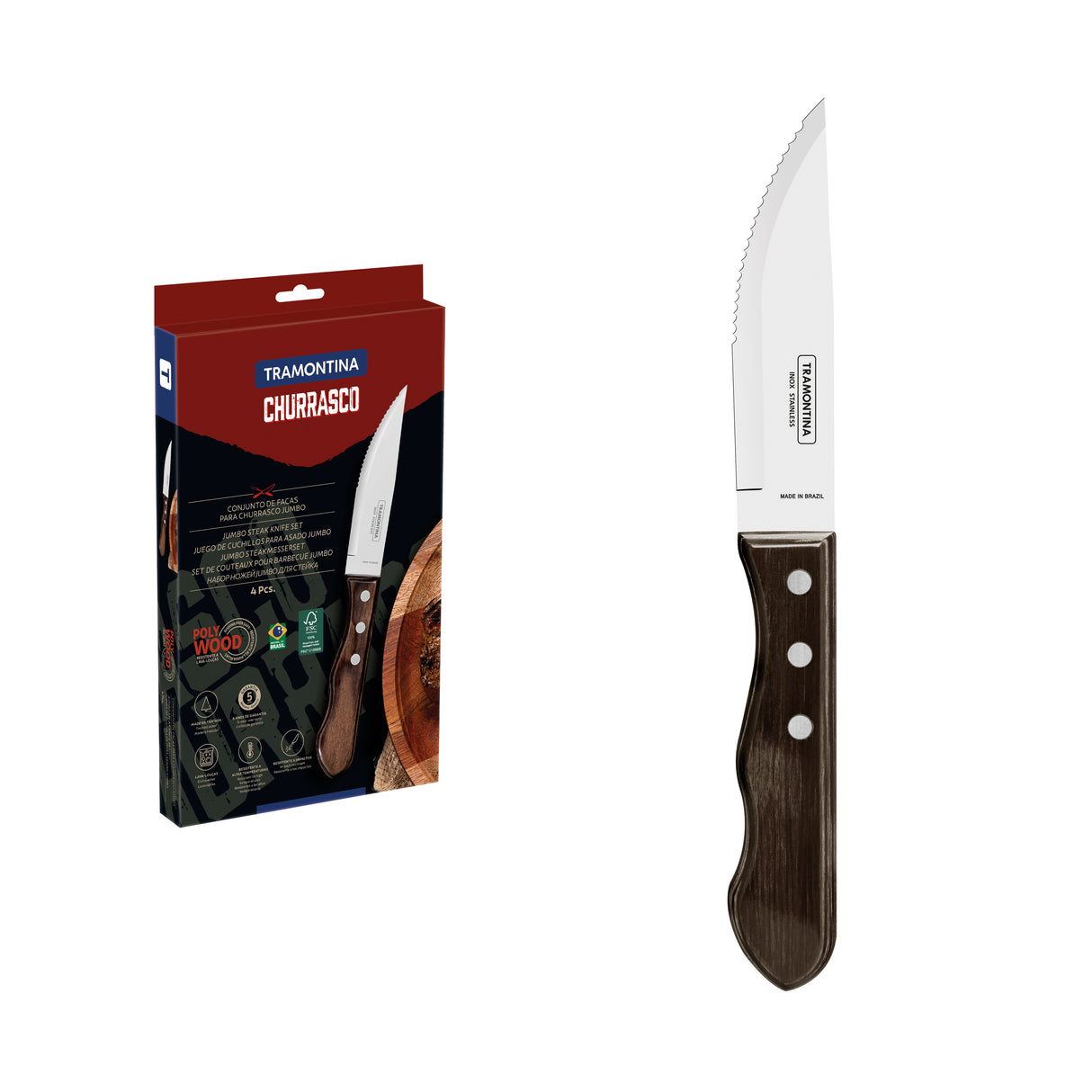 Tramontina 4-Piece Jumbo Steak Kinife Set Stainless-Steel and Treated Brown Polywood handles