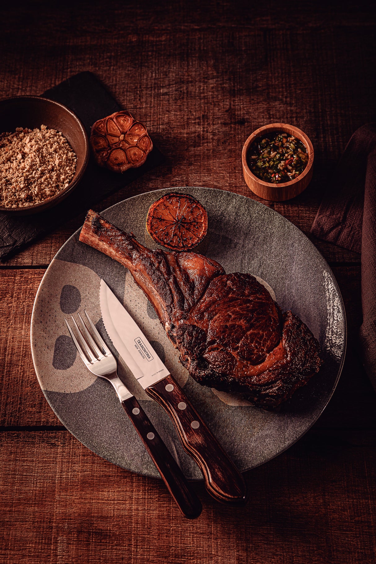 Tramontina 8-Piece Combo Set Stainless-Steel with Treated Brown Polywood Handles