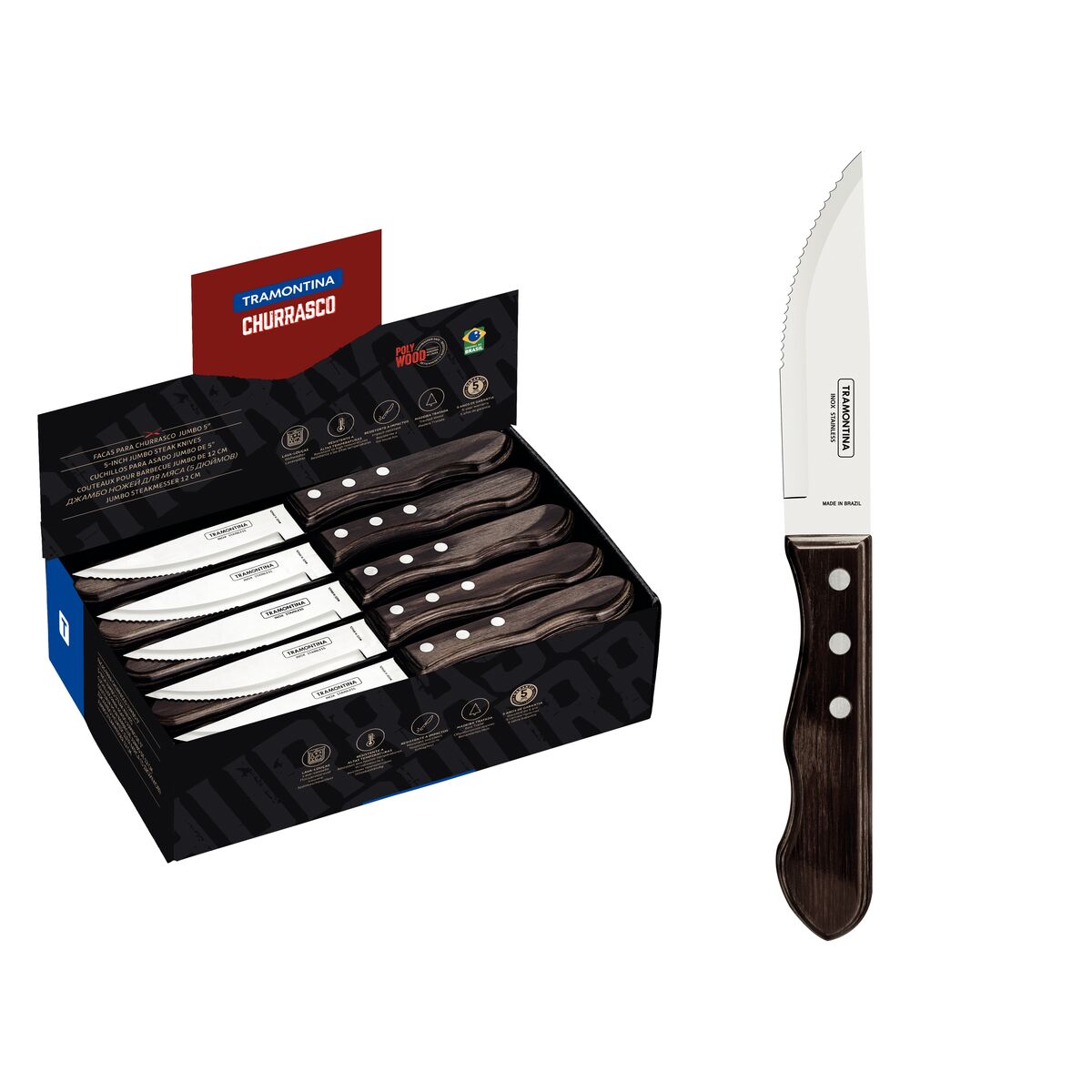 Tramontina Jumbo 5 Inches Steak Knife with Stainless Steel Blade and Treated Brown Polywood Handle