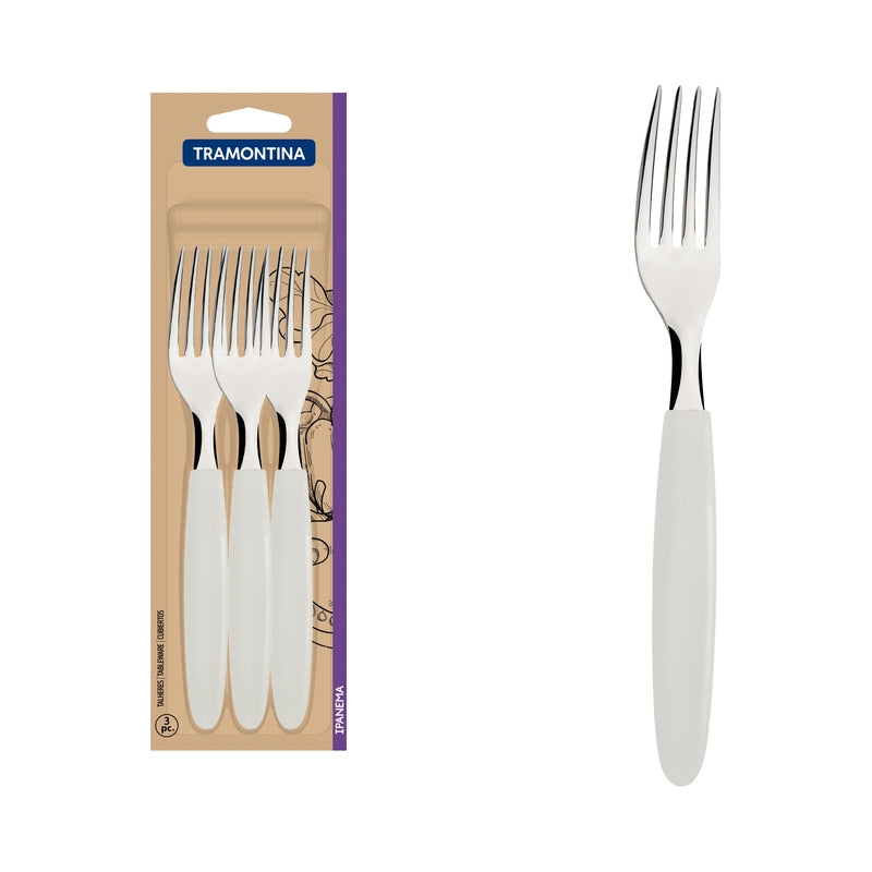 Tramontina Ipanema stainless steel dinner fork set with white polypropylene handles, 3 pc set