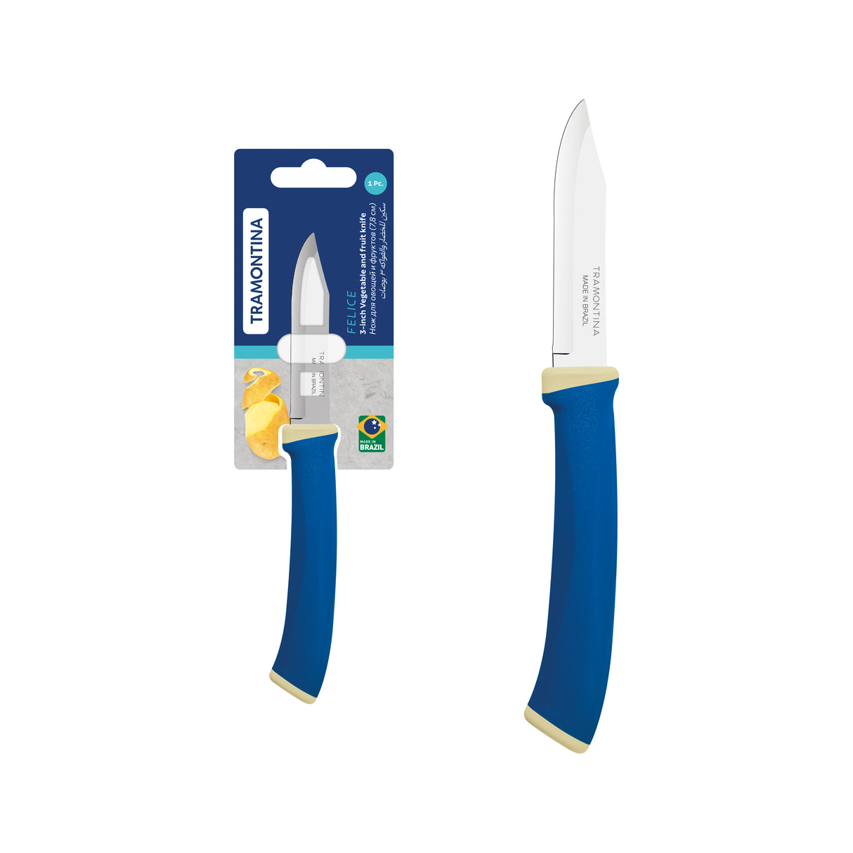 Tramontina Felice 3" Vegetable and Fruit Knife with Stainless-Steel Blade and Blue Polypropylene Handle