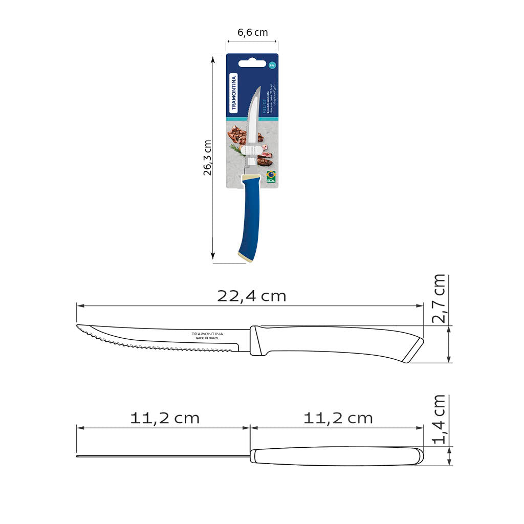 Tramontina Felice 5" Steak Knife with Plain-Edged Stainless-Steel Blade and Blue Polypropylene Handle