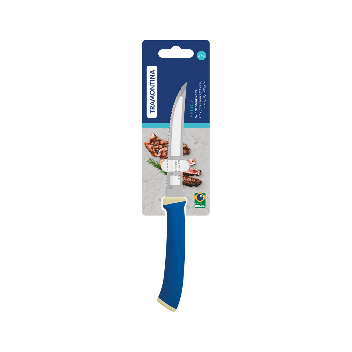 Tramontina Felice 5" Steak Knife with Plain-Edged Stainless-Steel Blade and Blue Polypropylene Handle