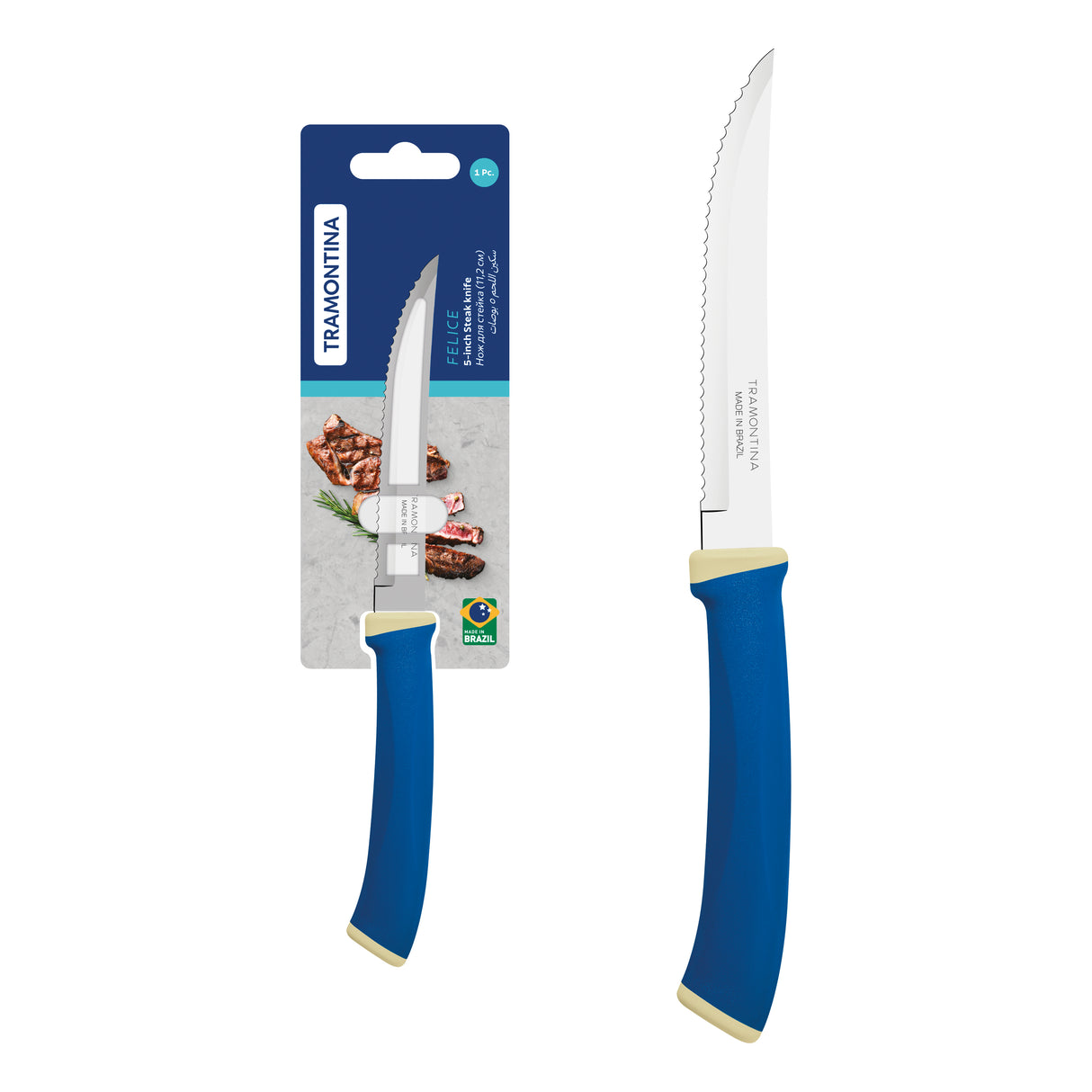 Tramontina Felice 5" Steak Knife with Plain-Edged Stainless-Steel Blade and Blue Polypropylene Handle
