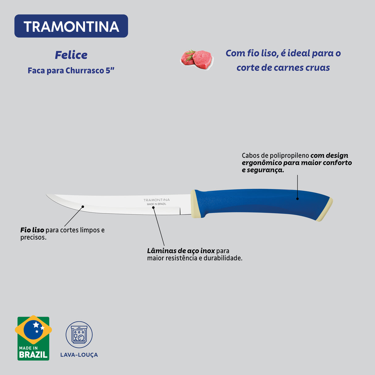 Tramontina Felice 2-Piece Steak Knife Set with Stainless-Steel Blades, Plain Edges and Blue Polypropylene Handles