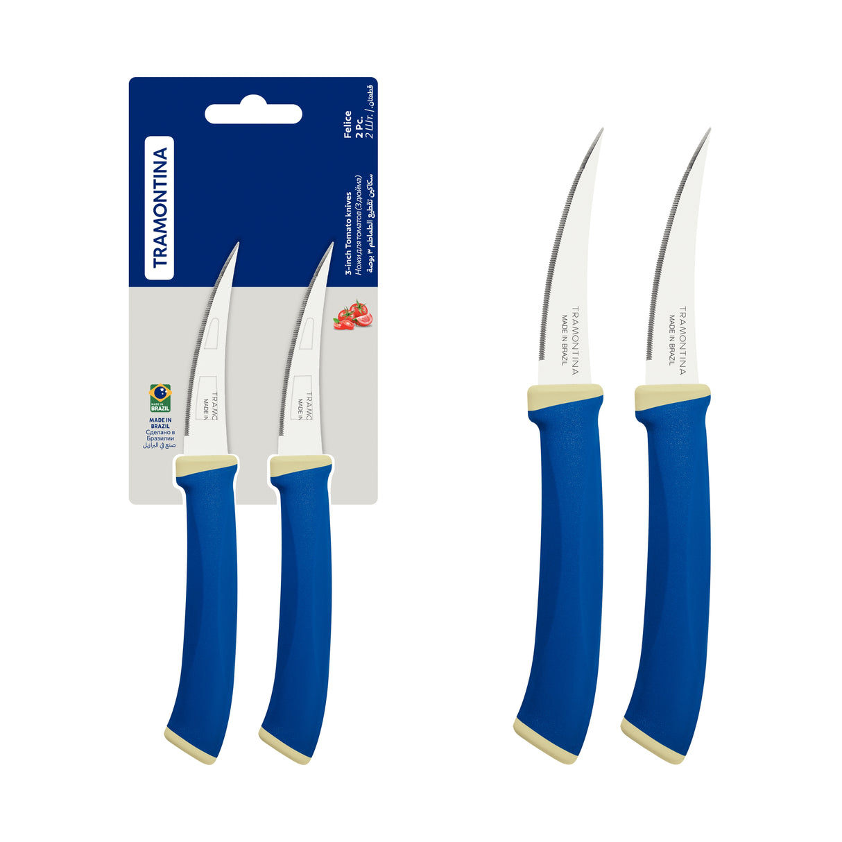 Tramontina Felice 2-Piece Tomato Knife Set with Stainless-Steel Blades and Blue Polypropylene Handles