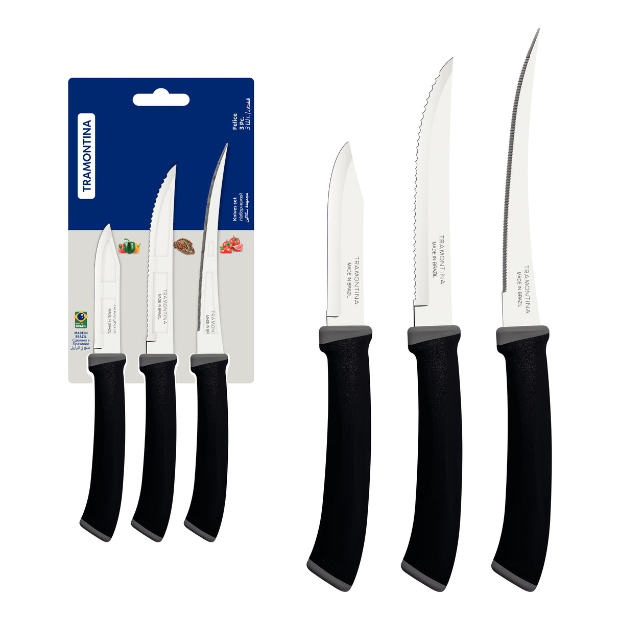Tramontina Felice 3-Piece Knife Set with Stainless-Steel Blades and Black Polypropylene Handles