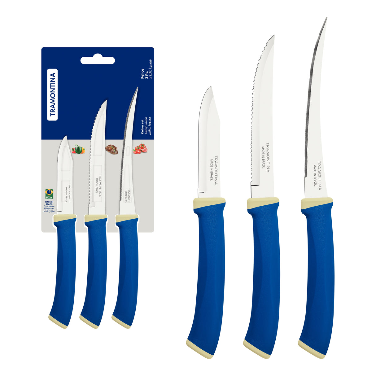 Tramontina Felice 3-Piece Knife Set with Stainless-Steel Blades and Blue Polypropylene Handles