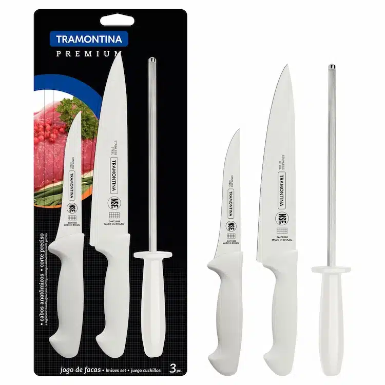 Tramontina Premium 3 Pieces Knife and Sharpener Set with Stainless Steel Blade and White Polypropylene Handle