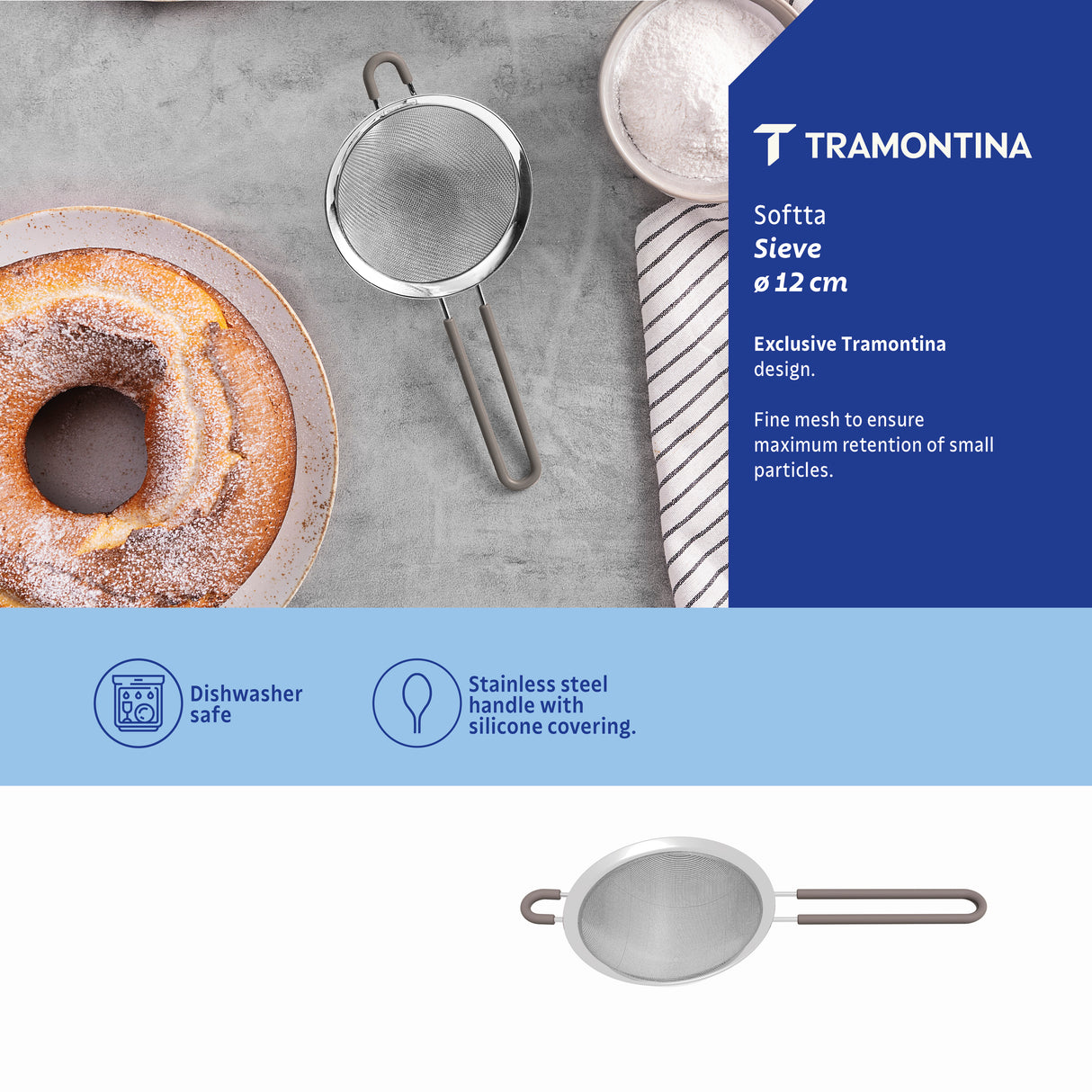 Tramontina Softta Stainless-Steel Sieve with Grey Silicone Handles 12 cm