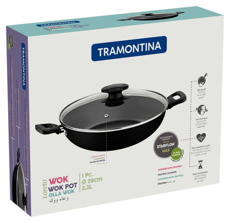 Tramontina Loreto 28cm 33L Black Wok Pot with Interior and Exterior Starflon Max PFOA Free Nonstick Coating