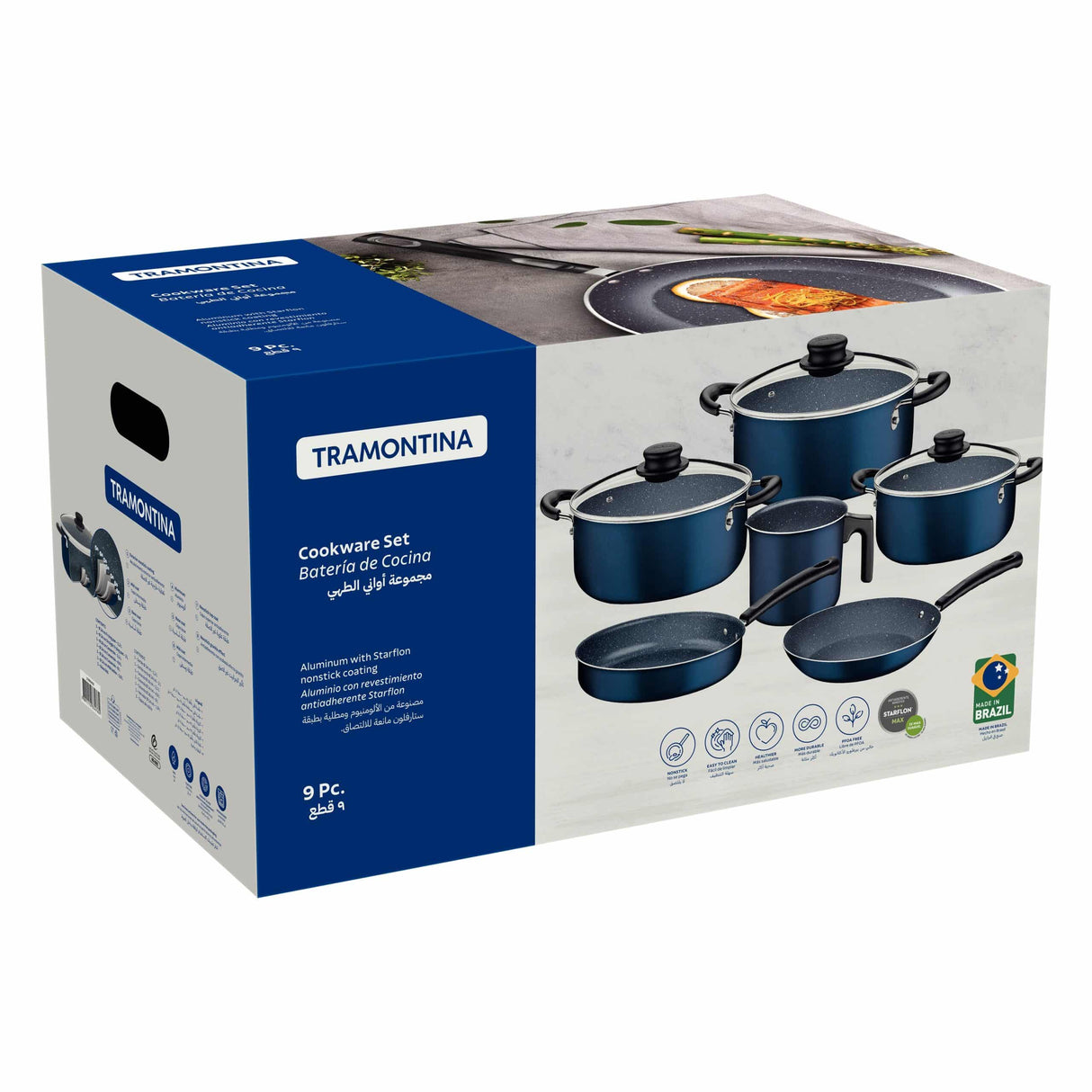 طقم أواني طهي ترامونتينا من الألومنيوم الأزرق، 9 قطع، مع طلاء ستارفلون ماكس غير اللاصق الداخلي والخارجي
