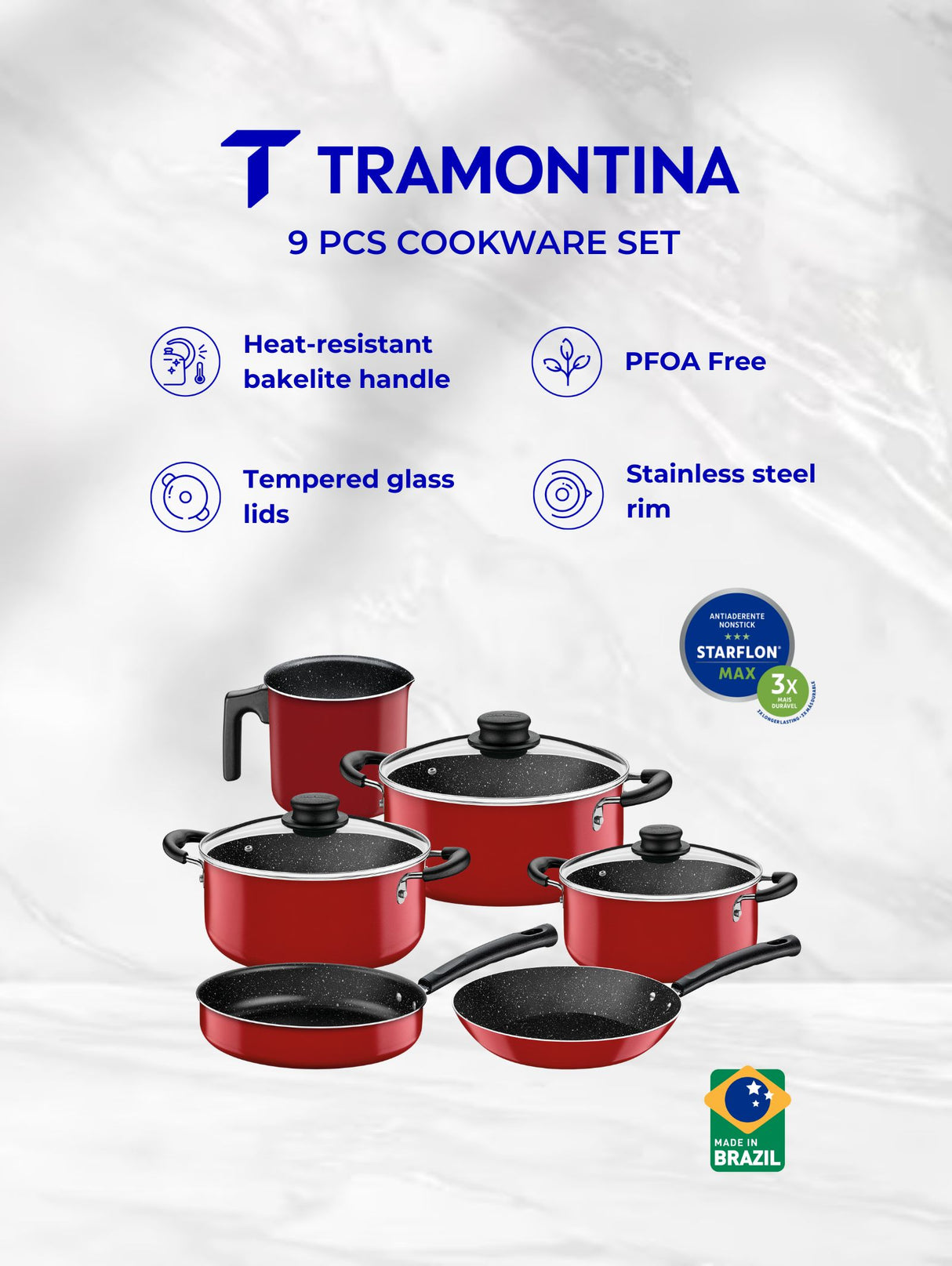 Tramontina 9 Pieces Red Aluminum Cookware Set with Interior and Exterior Starflon Max Nonstick Coating