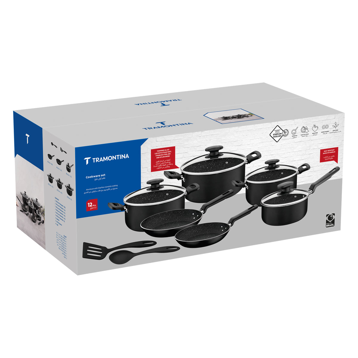Tramontina Black Aluminum Cookware Set with Interior and Exterior Starflon Excellent Nonstick Coating 12 pieces