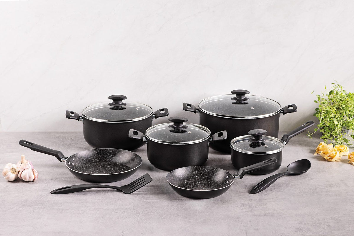 Tramontina Black Aluminum Cookware Set with Interior and Exterior Starflon Excellent Nonstick Coating 12 pieces