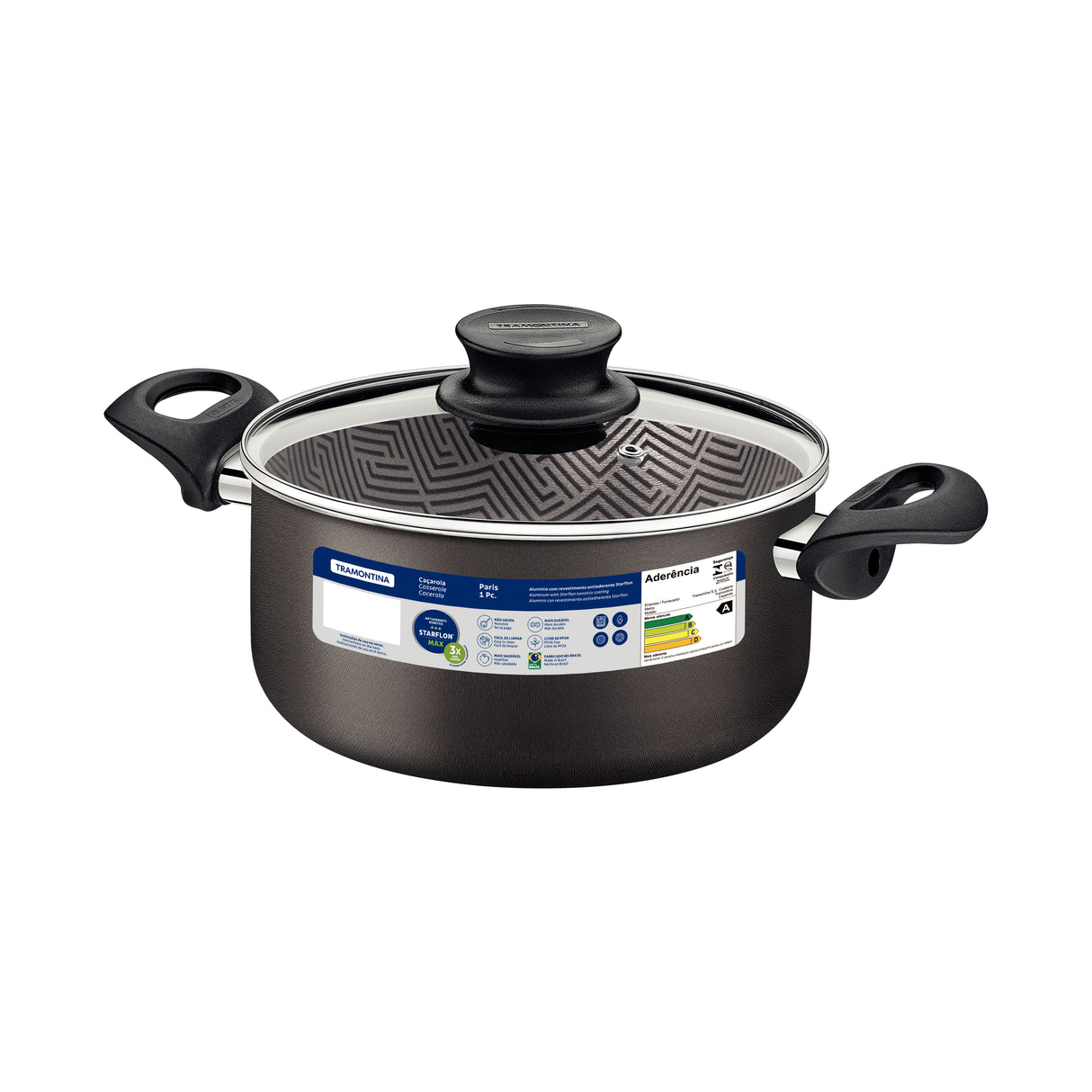 Tramontina Paris Aluminum Casserole with Interior and Exterior Starflon Max Lead Nonstick Coating with a Glass Lid, 22 cm 3,8 L