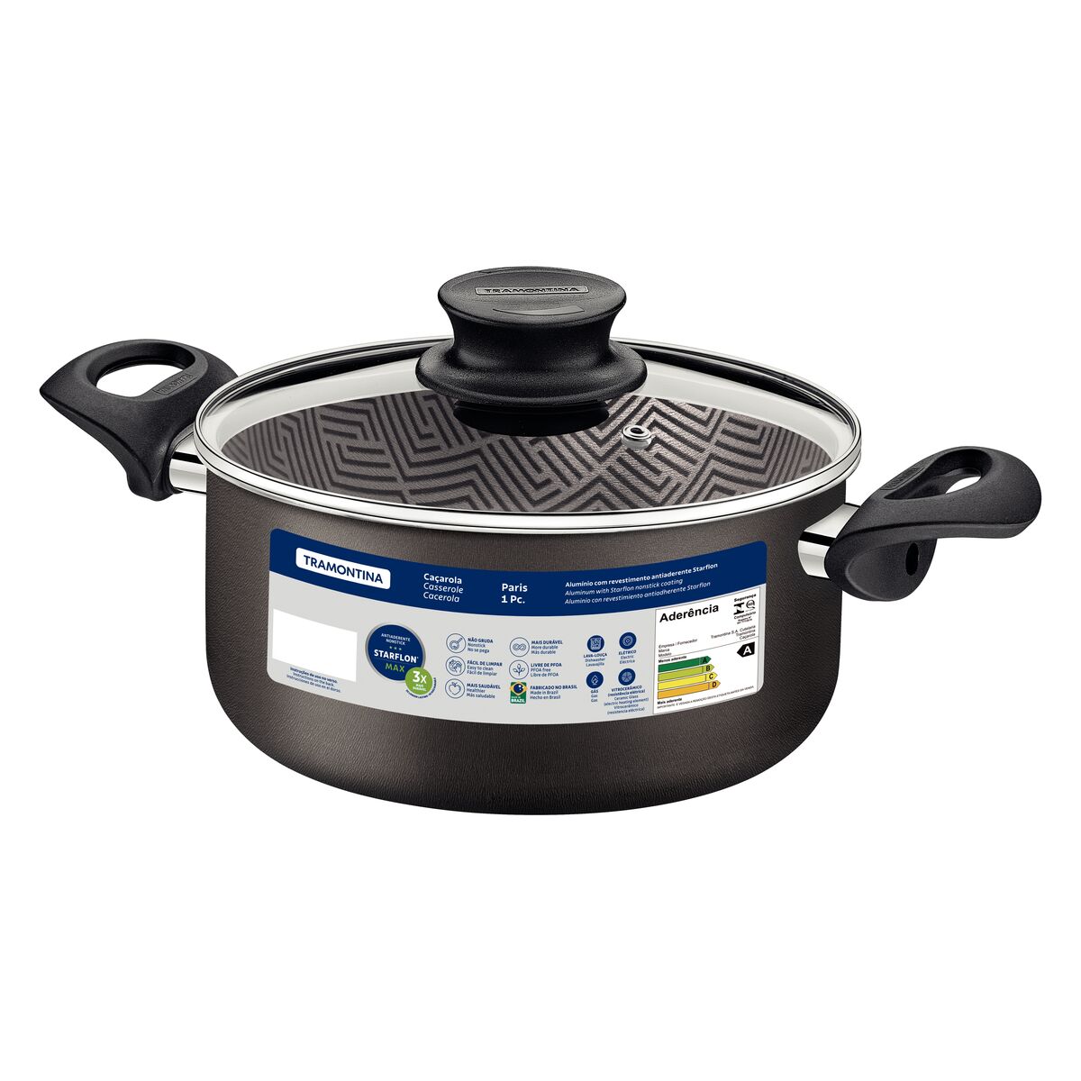 Tramontina Paris Aluminum Casserole with Interior and Exterior Starflon Max Lead Nonstick Coating with a Glass Lid, 28 cm 8 L