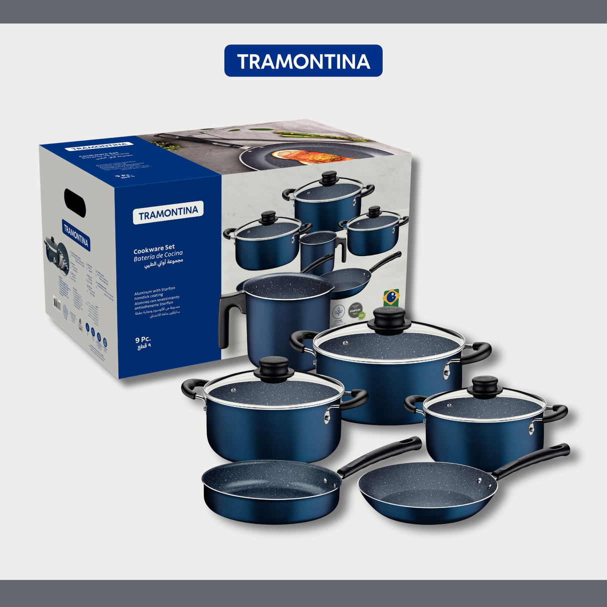طقم أواني طهي ترامونتينا من الألومنيوم الأزرق، 9 قطع، مع طلاء ستارفلون ماكس غير اللاصق الداخلي والخارجي