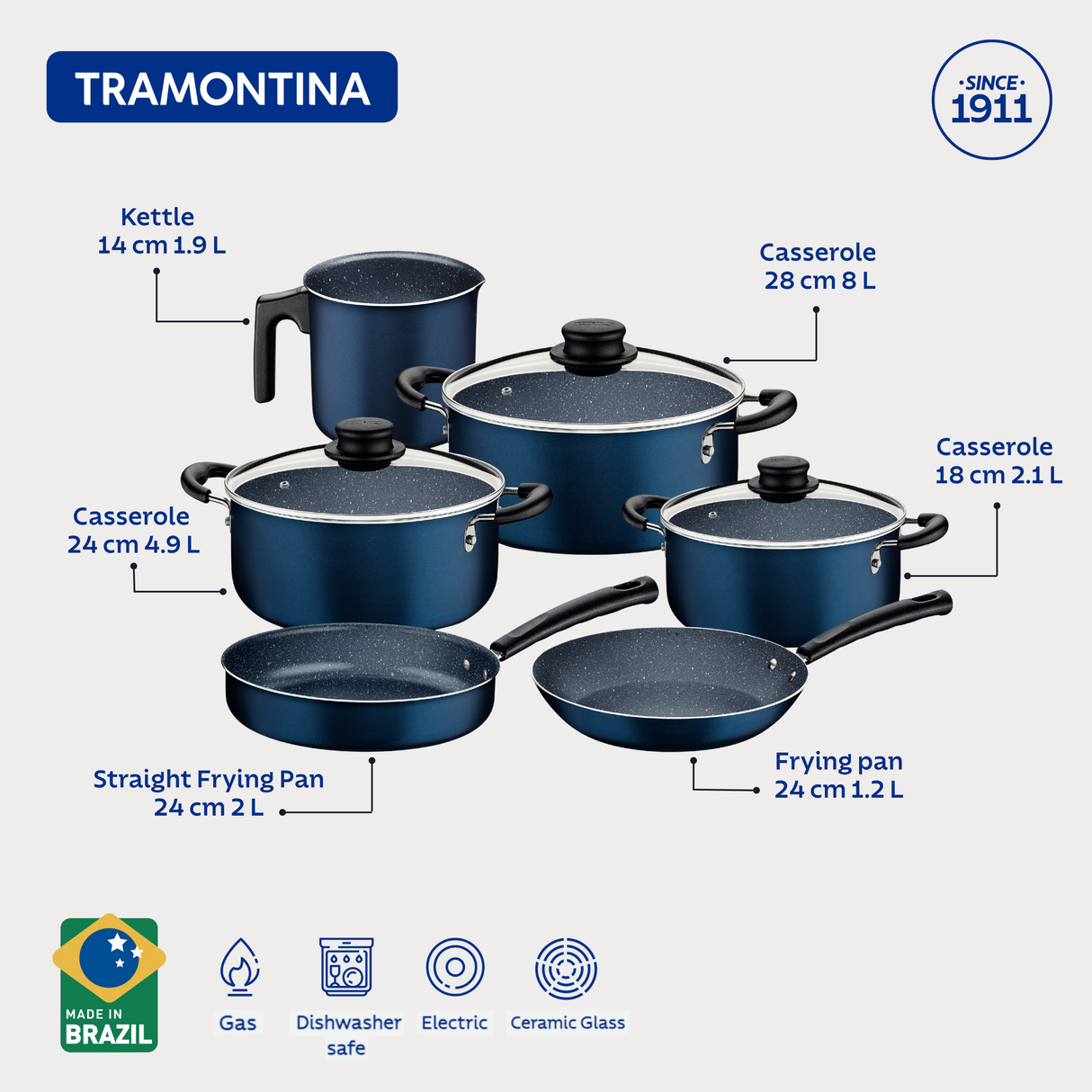 Tramontina 9 Pieces Blue Aluminum Cookware Set with Interior and Exterior Starflon Max Nonstick Coating