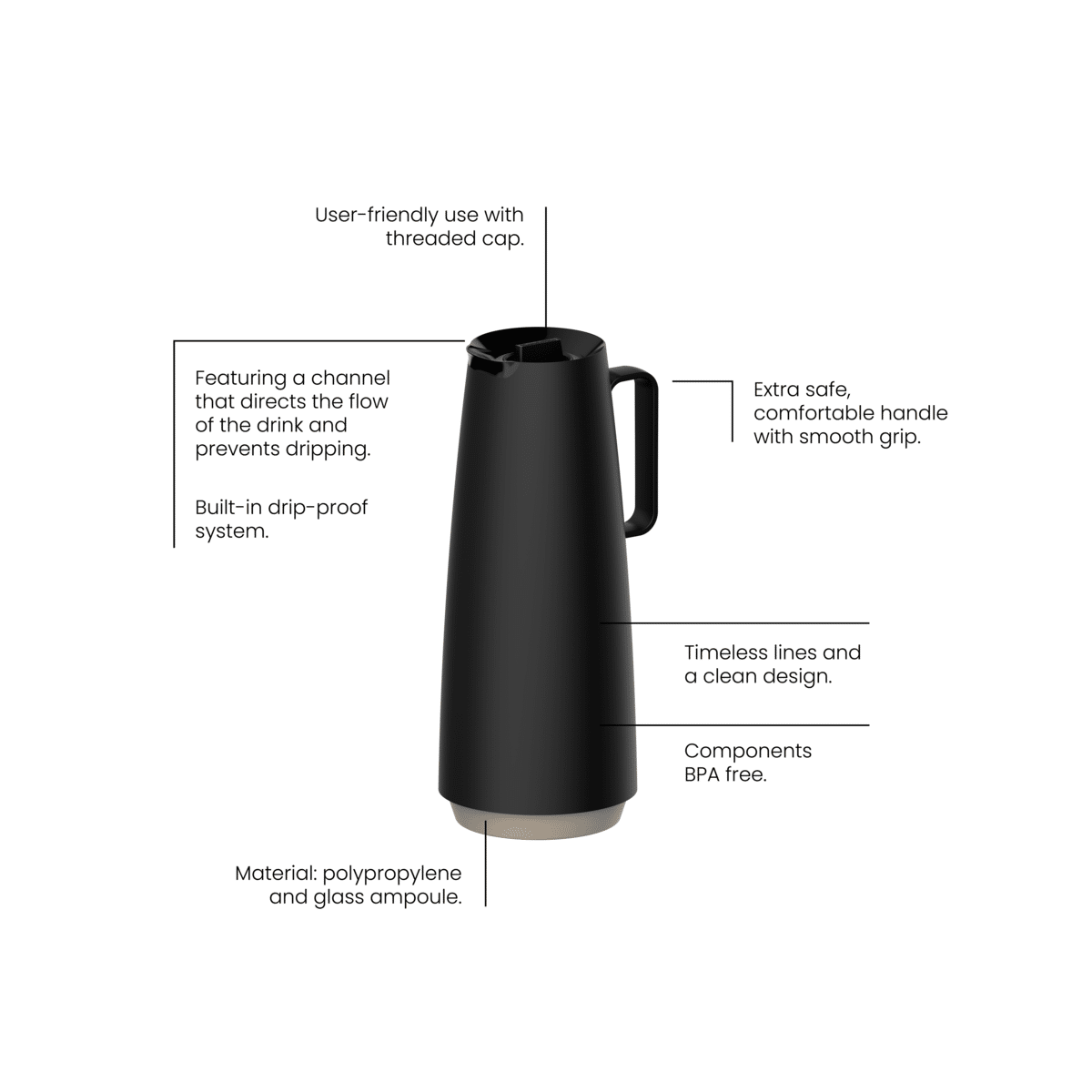 Tramontina Exata Black Polypropylene Thermal Pot with 1 L Glass Liner