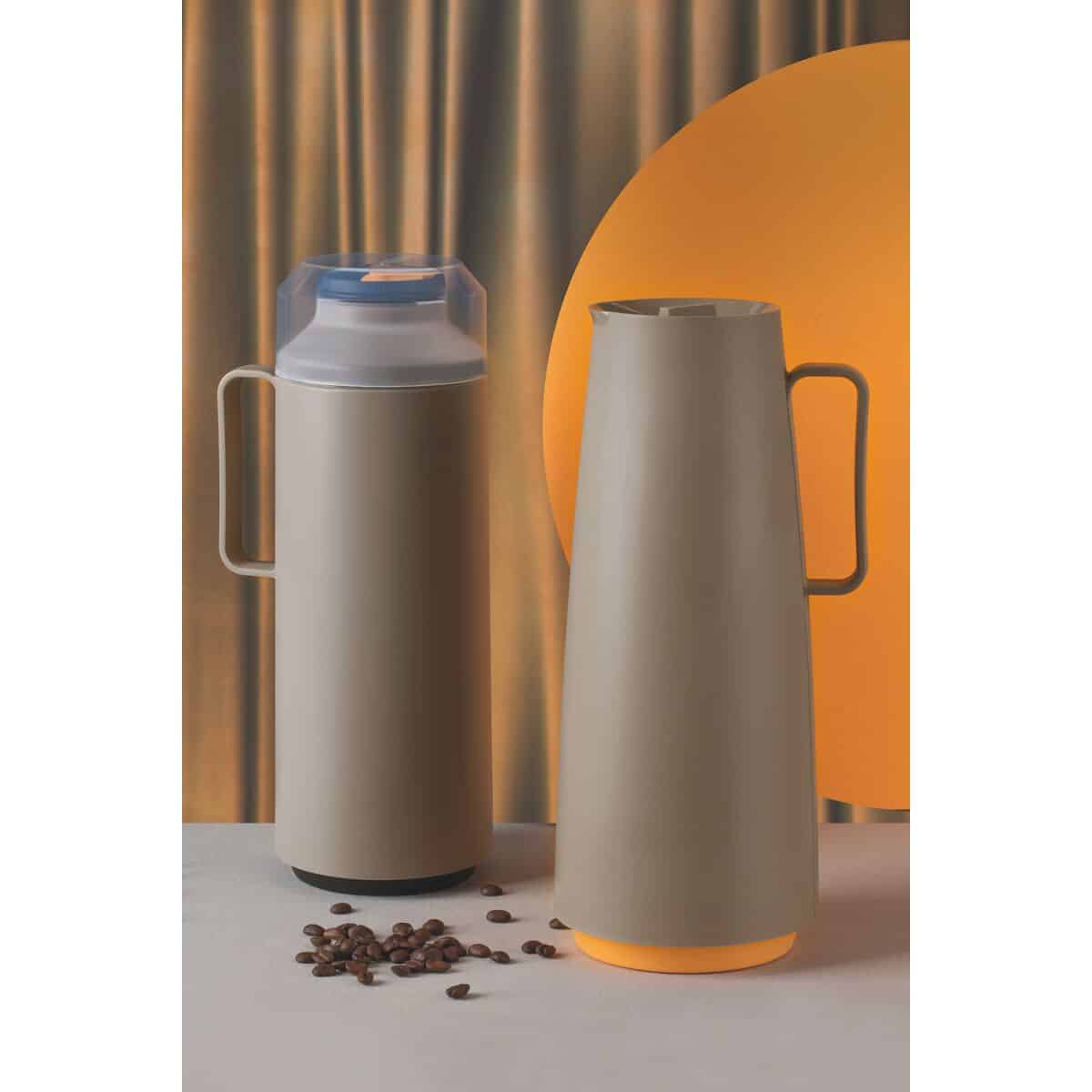 Tramontina Exata Beige Plastic Thermal Beverage Dispenser with 1 Liter Glass Liner and Plastic Lid