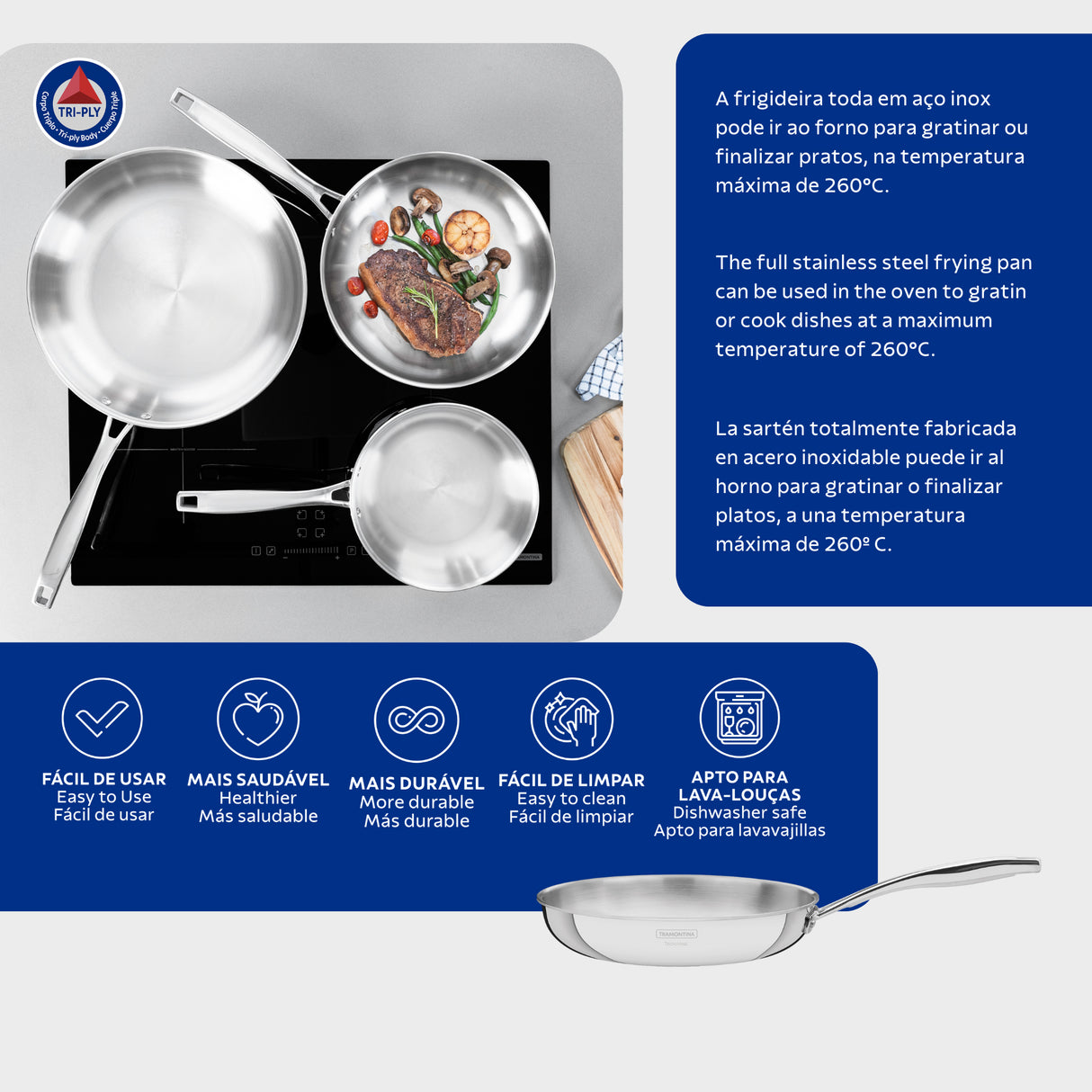 Tramontina Grano 26 cm 2.2 L shallow stainless steel frying pan with tri-ply body and long handle
