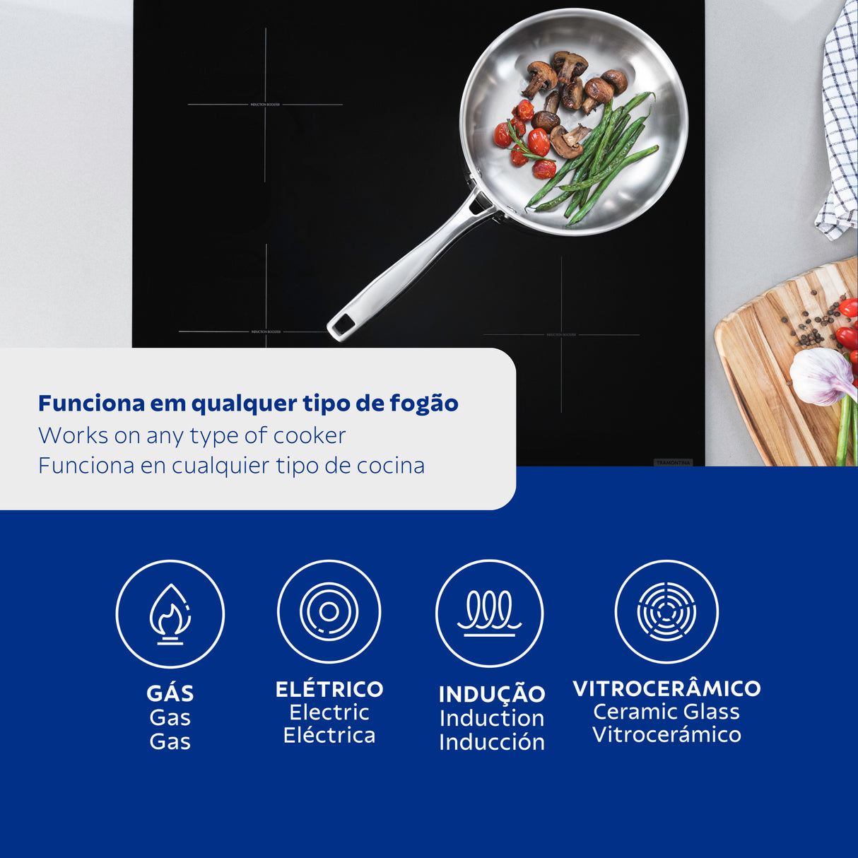 Tramontina Grano 26 cm 2.2 L shallow stainless steel frying pan with tri-ply body and long handle