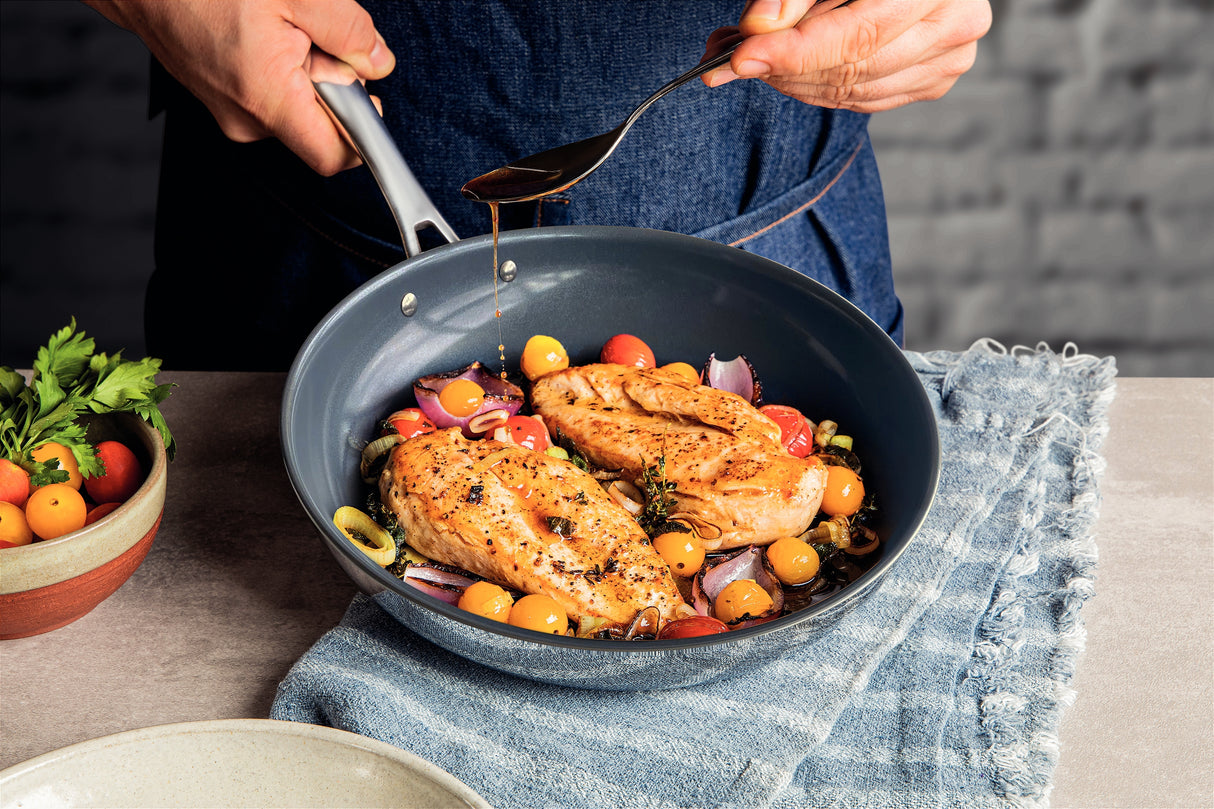 Tramontina Grano stainless steel frying pan with tri-ply body and interior graphite gray ceramic coating, 30 cm