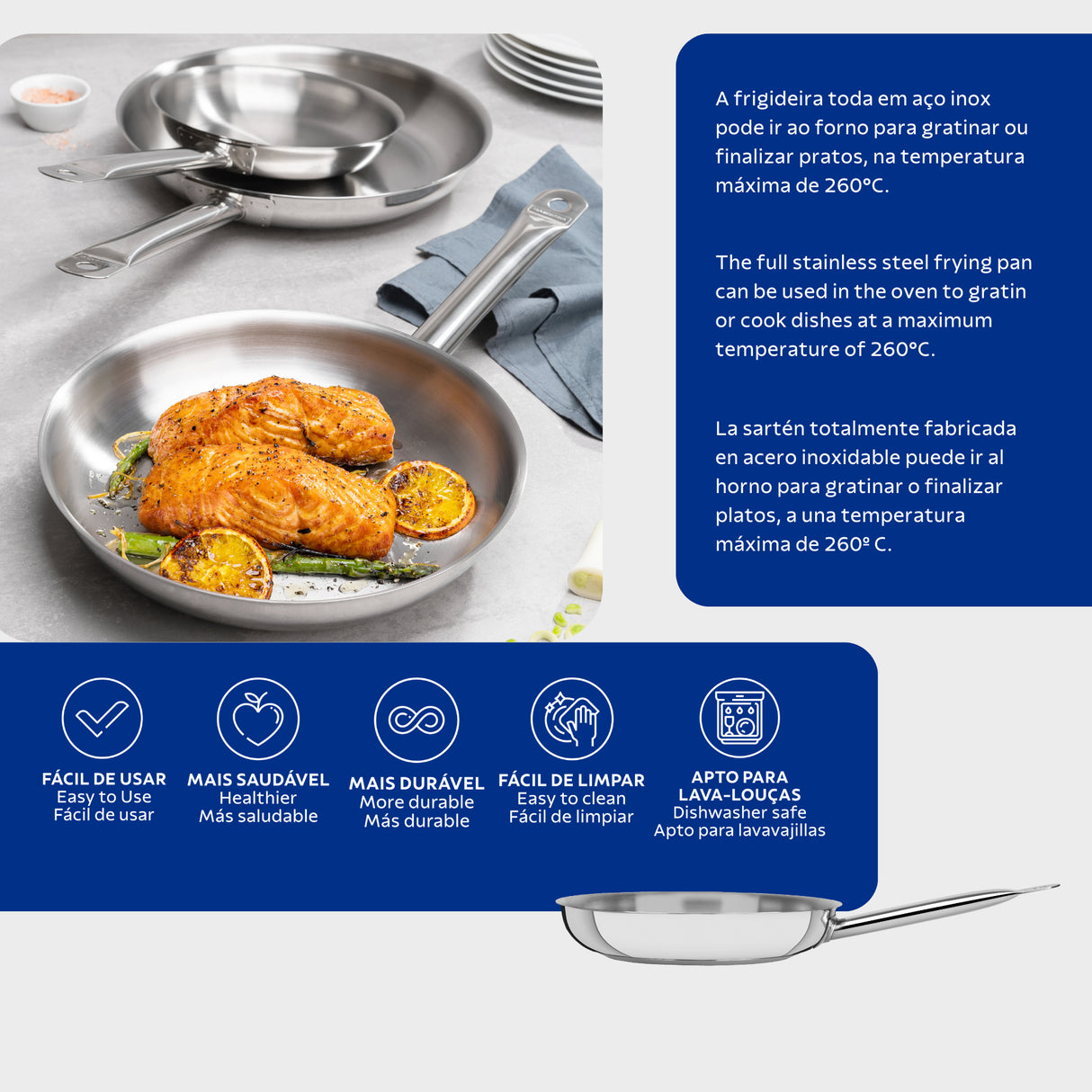 Tramontina Professional 30 cm 2.9 L shallow stainless steel frying pan with long handle and tri-ply base 62633300