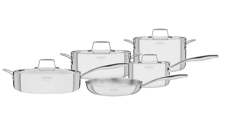 Tramontina Grano 9-piece stainless steel cookware set with tri-ply body