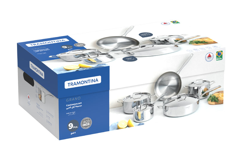 Tramontina Grano 9-piece stainless steel cookware set with tri-ply body