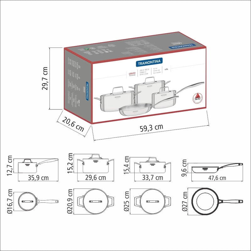 Tramontina Grano 9-piece stainless steel cookware set with tri-ply body