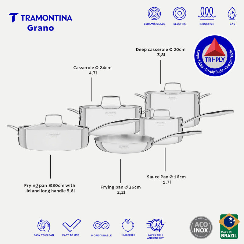 Tramontina Grano 9-piece stainless steel cookware set with tri-ply body