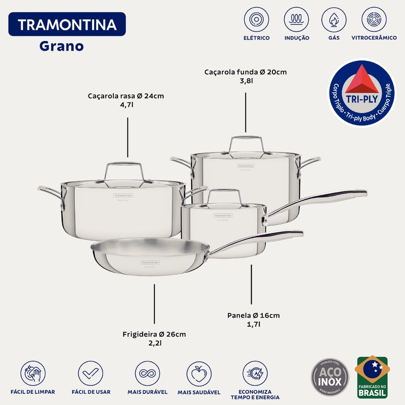 Tramontina Grano 7-piece stainless steel cookware set with tri-ply body