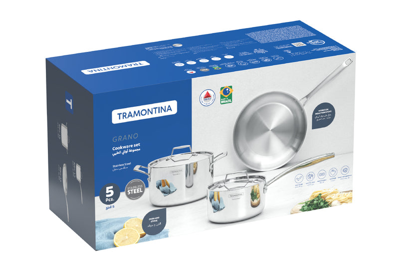 Tramontina Grano 5-piece stainless steel cookware set with tri-ply body
