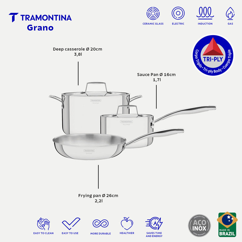 Tramontina Grano 5-piece stainless steel cookware set with tri-ply body
