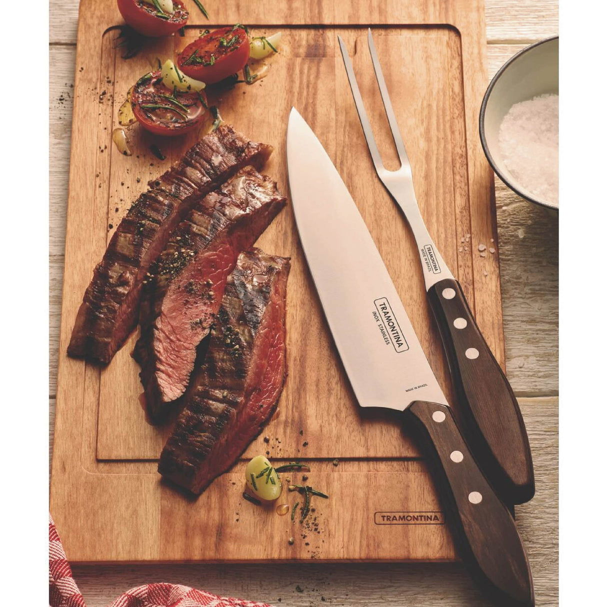 Tramontina stainless steel carving set with brown Polywood handles, 2pc set