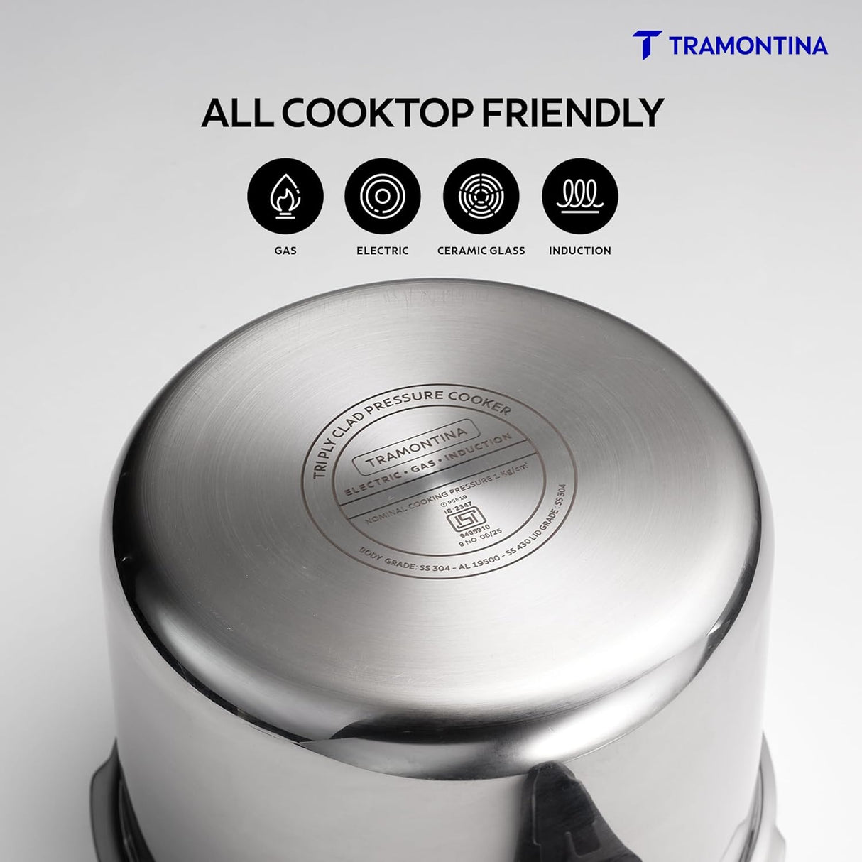 Tramontina Aero Arc 5L Tri-Ply Stainless Steel Pressure Cooker |3-Layer Safety System | Gas & Induction Compatible | Ergonomic Easy-Close | Inner Markings.