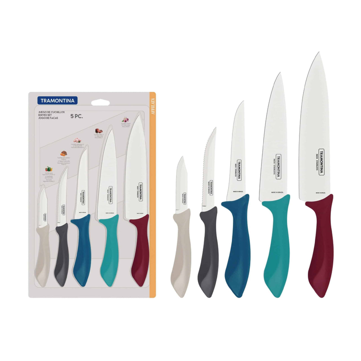 Tramontina Affilata 5 Pieces Knife Set with Stainless Steel Blade and Multicolor Polypropylene Handle