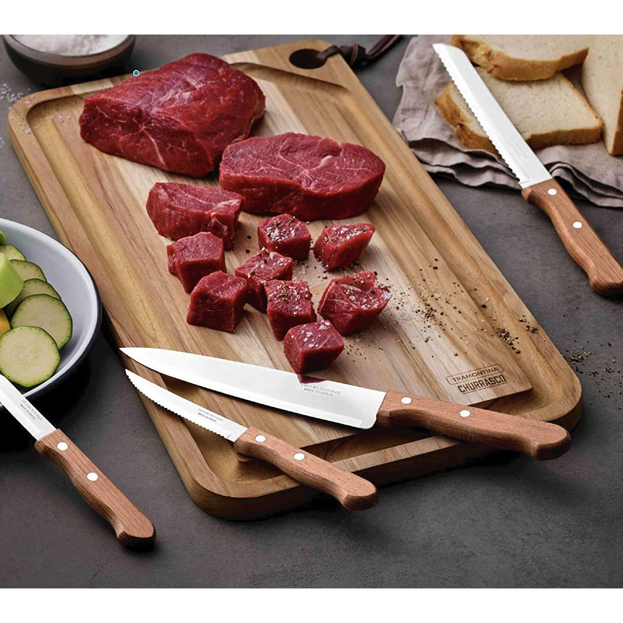 Tramontina Dynamic 4-Pieces Knife Set with Stainless-Steel Blades and Natural Wood Handles